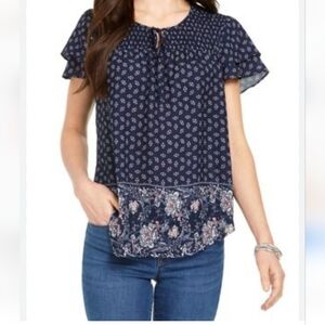 Women's Top Jersey Shirt Floral Navy Blue Boho STYLE & CO XL NWOT